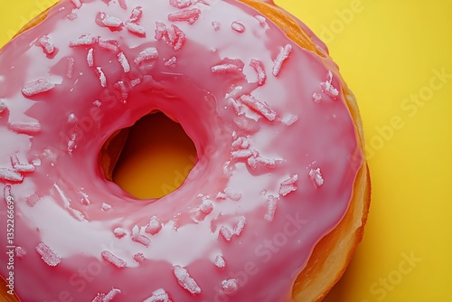 Delicious Pink Glazed Donut With Sprinkles on Bright Yellow Background