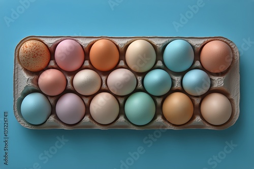 Colorful Eggs Arranged Neatly in a Carton on a Blue Background for Festive De...