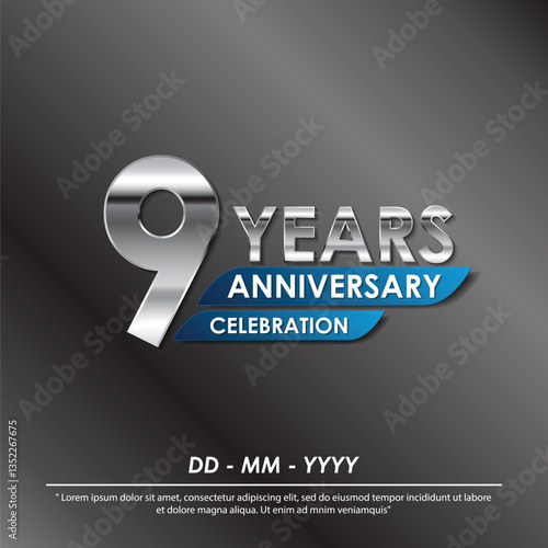 9th years anniversary celebration emblem. elegance silver anniversary logo isolated with blue ribbon. vector illustration template design for web, flyers, poster, greeting card and invitation card	