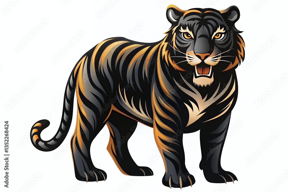 Naklejka premium A majestic black tiger stands proudly, its amber eyes gleaming with power and grace, a symbol of wild strength and untamed beauty against a stark white background.