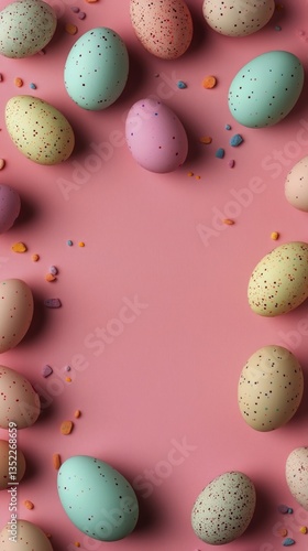 Colorful Easter Eggs and Candy Scattered on Pink Background for Festive Celeb...