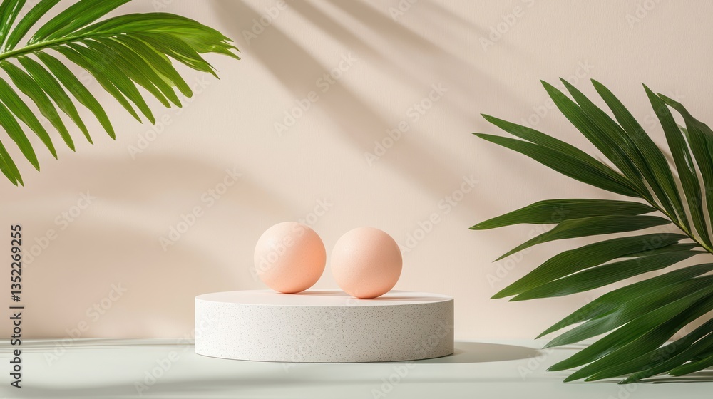 Fototapeta premium Pastel eggs on podium, tropical leaves, minimal background. Possible use Product display, food photography