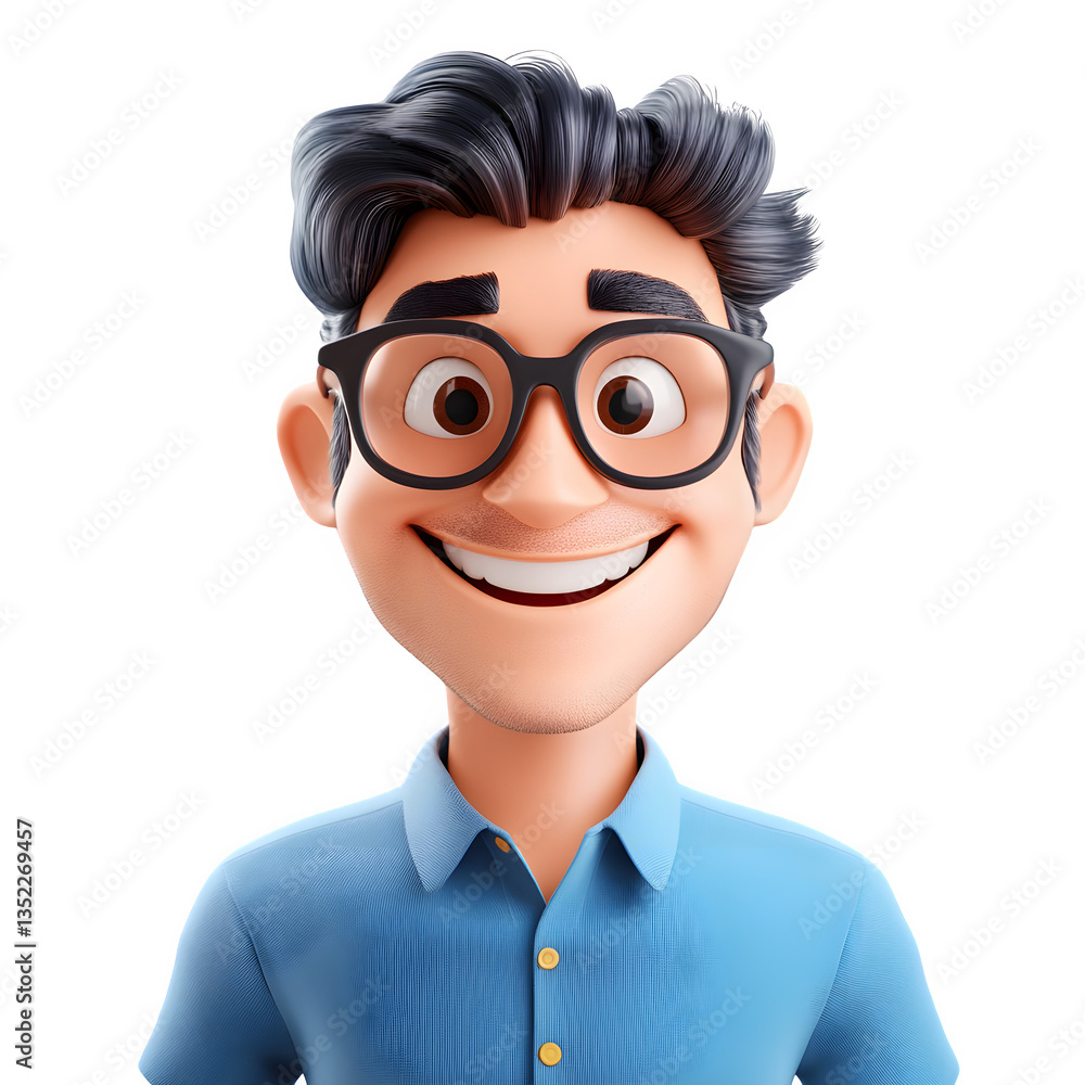 Smiling Cartoon Character with Glasses and Blue Shirt, A joyful cartoon character with glasses, a blue shirt, and a wide smile, designed in a fun, animated, and friendly style.
Smiling Cartoon Character with Glasses and Blue Shirt, A joyful cartoon character with glasses, a blue shirt, and a wide smile, designed in a fun, animated, and friendly style.