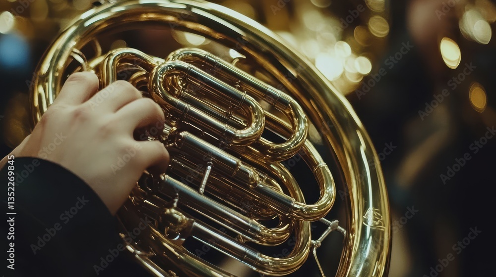 Fototapeta premium Close-Up of Hand Playing French Horn in Orchestra