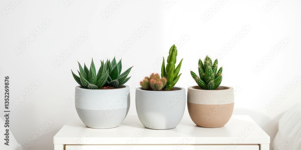A trio of succulents and cacti in minimalist concrete pots, atop a white bedside table, stock photo, image A trio of succulents and cacti in minimalist concrete pots, atop a white bedside table, stock photo, image