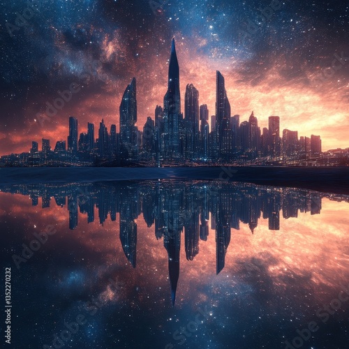 Futuristic City Reflected In Water Under A Starry Night Sky