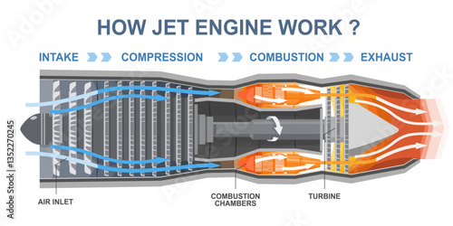infographic diagram explaining how a jet engine works with labeled stages of intake compression combustion and exhaust