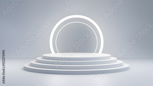 Minimalist stage design featuring circular light structure in a spacious, modern setting