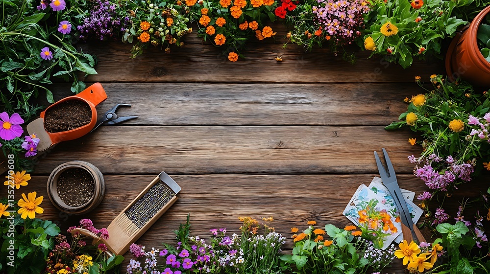 Obraz premium Flat-Lay of Gardening Tools, Seed Packets, and Freshly Picked Flowers Arranged on a Rustic Wooden Surface