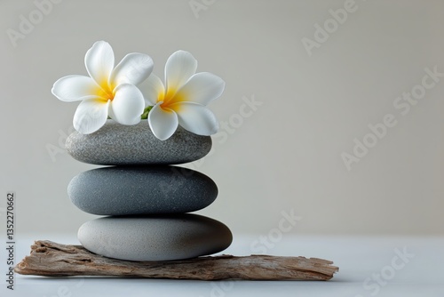 Calm and Serene Arrangement of Stacked Stones With Flowers on Driftwood