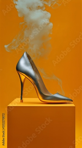 Elegant High Heel With Smoke Effect on Bright Orange Background in Artistic D...