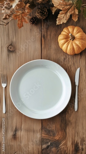 Empty Plate Set for a Seasonal Meal With Cutlery and Pumpkin on Wooden Table Top