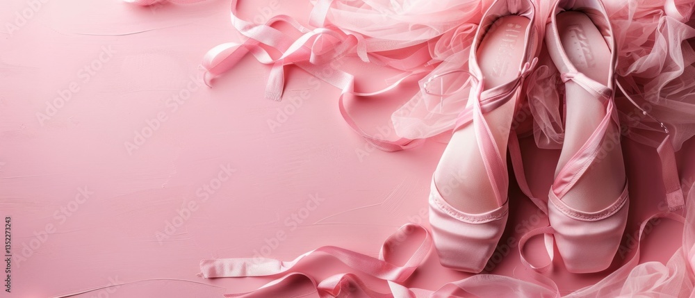 Pink ballet pointe shoes and soft tulle fabric on a pastel pink background. Flat lay composition with copy space for dance and performance design. Top down view of ballet shoes scattering. AIG55. Pink ballet pointe shoes and soft tulle fabric on a pastel pink background. Flat lay composition with copy space for dance and performance design. Top down view of ballet shoes scattering. AIG55.