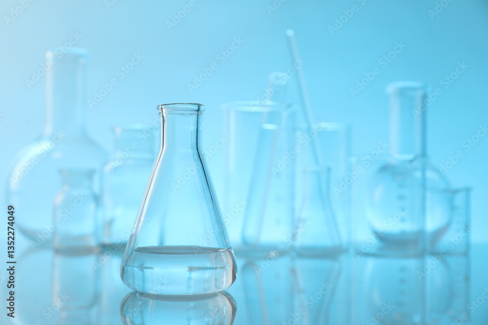 Flask with liquid and other laboratory glassware on mirror surface against light blue background Flask with liquid and other laboratory glassware on mirror surface against light blue background