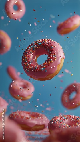 Colorful Donuts With Sprinkles Float Against a Blue Background in a Delightfu...