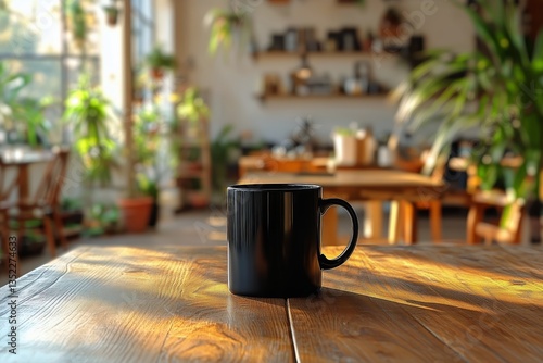 Black Mug on Wooden Table in a Cozy Cafe With Plants During Golden Hour