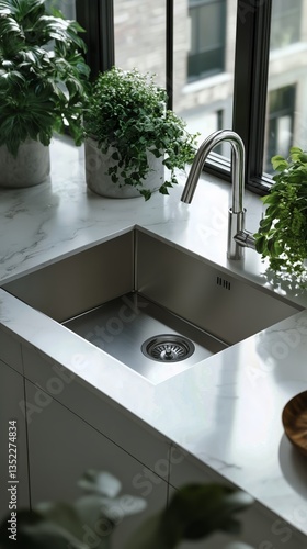 Bright Kitchen With a Modern Sink and Lush Greenery by the Window on a Sunny Day