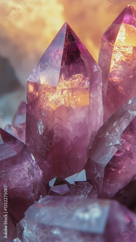 Colorful Amethyst Crystals Shining in Natural Light at a Mineral Exhibition i...