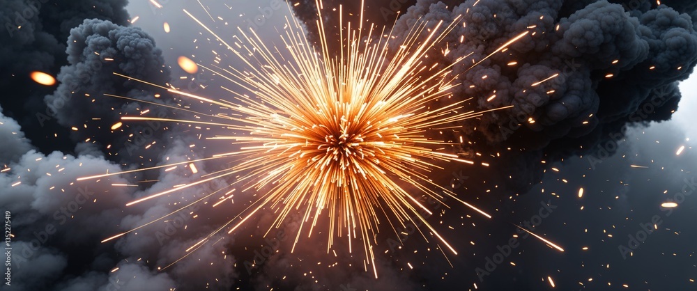 Fototapeta premium Close up of fiery explosion with bright sparks and dark smoke