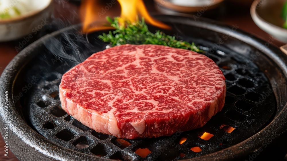 A juicy, round beef steak sizzling on the grill, surrounded by smoke and flames that enhance its rich flavor and texture. A juicy, round beef steak sizzling on the grill, surrounded by smoke and flames that enhance its rich flavor and texture.