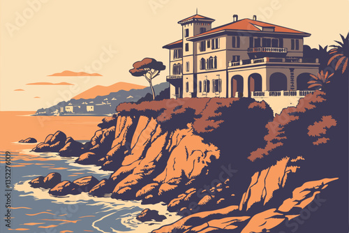 11 Coastal cliff mansion, Mediterranean architecture, dramatic oceanfront, rugged rocky coastline, azure blue sea, golden hour lighting, panoramic view, tiered balconies, secluded luxury retreat, cine