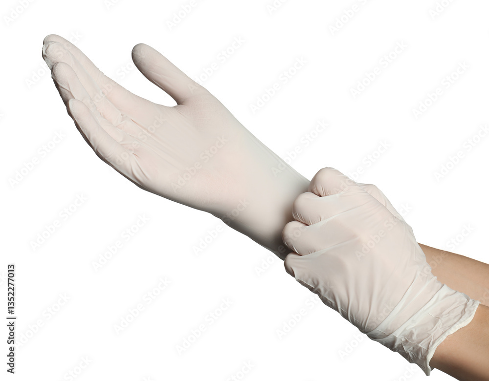 Doctor putting on medical gloves against white background, closeup