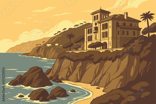 11 Coastal cliff mansion, Mediterranean architecture, dramatic oceanfront, rugged rocky coastline, azure blue sea, golden hour lighting, panoramic view, tiered balconies, secluded luxury retreat, cine