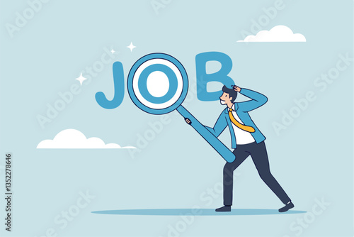 Job search, employee finding new job, career opportunity, employment or recruitment, applicant or candidate search online website concept, businessman magnifying glass searching for new job.