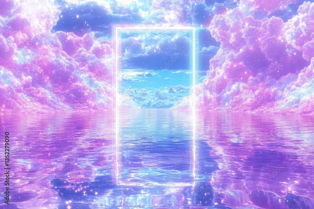 Obraz premium A bright glowing doorway opening towards a dreamy landscape