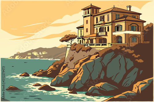 11 Coastal cliff mansion, Mediterranean architecture, dramatic oceanfront, rugged rocky coastline, azure blue sea, golden hour lighting, panoramic view, tiered balconies, secluded luxury retreat, cine