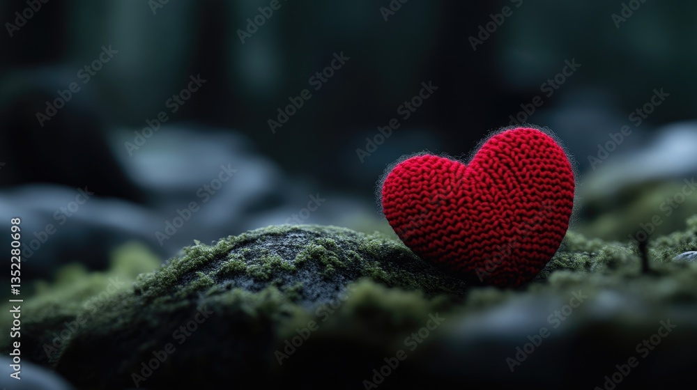 Fototapeta premium A red knitted heart rests on a mossy stone in a dark and moody forest setting, creating a contrast of warmth and nature.