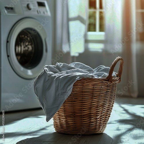 Sunlight Streams Through Window Onto Laundry Basket Beside Washing Machine in...