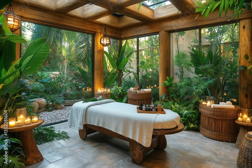 Serene Spa Treatment Room Surrounded by Greenery and Candles in a Tranquil Oasis