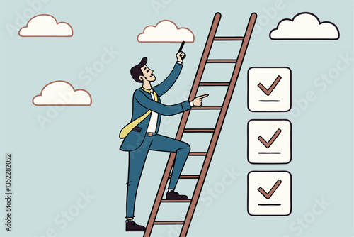 Criteria checklist report, evaluation list, complete checkbox, finish work, to do list or task done, quality assurance control, checkmark concept, businessman put tick on completion checklist.