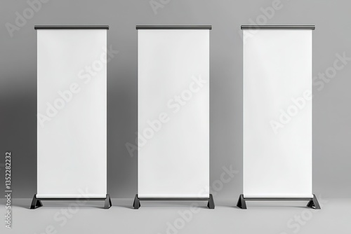 Three Blank Roll Up Banner Stands Mockup Modern Trade Show Display Design