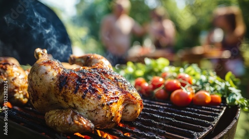 Summer barbecue with friends grilling chicken and veggies outdoors