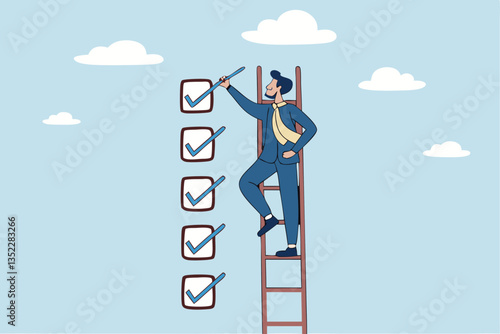 Criteria checklist report, evaluation list, complete checkbox, finish work, to do list or task done, quality assurance control, checkmark concept, businessman put tick on completion checklist.