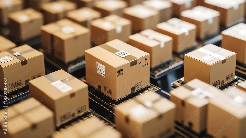 E-commerce Logistics:  A Streamlined Network of Cardboard Boxes in a Modern Warehouse