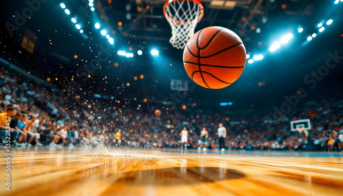 Basketball arena, dramatic lighting, ball flying through hoop, wooden court floor, energetic atmosphere