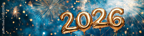 Gold New Years 2026 celebration balloons and fireworks banner illustration.