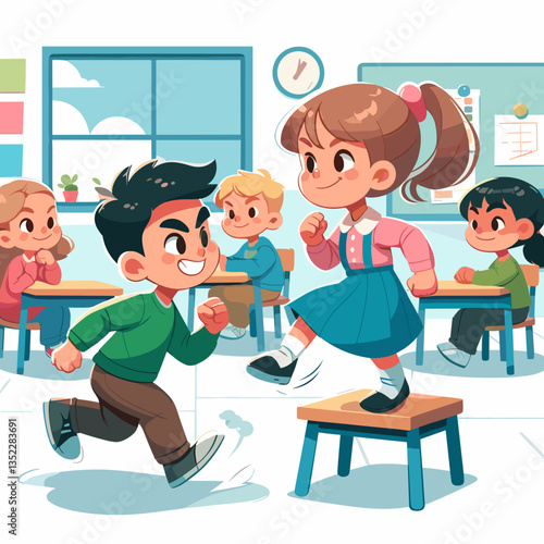 Playful kids engaging in a fun chase during class in lively classroom setting
