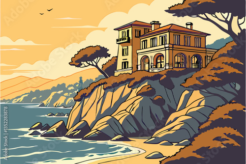11 Coastal cliff mansion, Mediterranean architecture, dramatic oceanfront, rugged rocky coastline, azure blue sea, golden hour lighting, panoramic view, tiered balconies, secluded luxury retreat, cine
