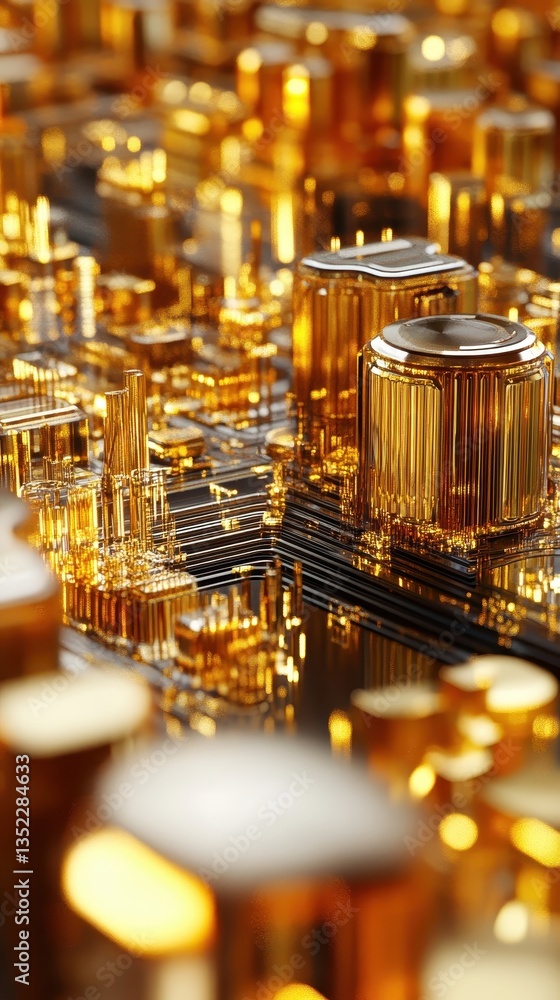 A close up view of golden electronic circuitry components A close up view of golden electronic circuitry components