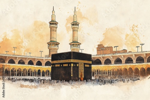 Watercolor Painting of Kaaba, Mecca, Islamic Holy Site, Grand Mosque