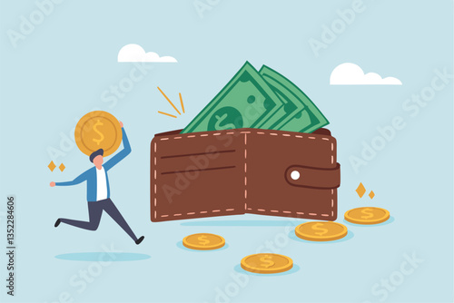 Salary, wages or income, making money profit, cash or economics, financial saving, investment or expense, spending, salary payroll, compensation concept, businessman hold money with wallet banknotes.