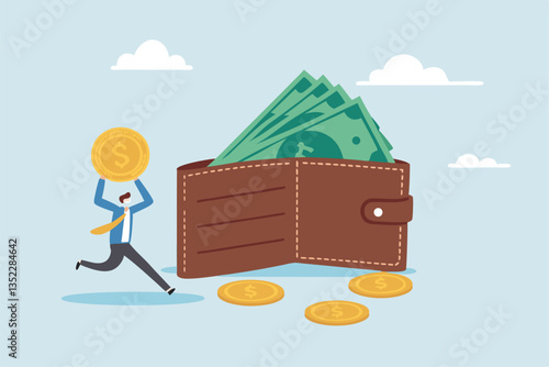Salary, wages or income, making money profit, cash or economics, financial saving, investment or expense, spending, salary payroll, compensation concept, businessman hold money with wallet banknotes.