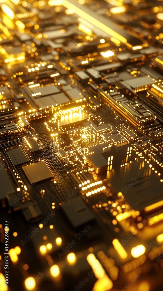 Illuminated electronic circuit board showcasing a digital technology infrastructure abstract