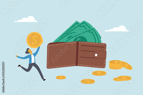 Salary, wages or income, making money profit, cash or economics, financial saving, investment or expense, spending, salary payroll, compensation concept, businessman hold money with wallet banknotes.
