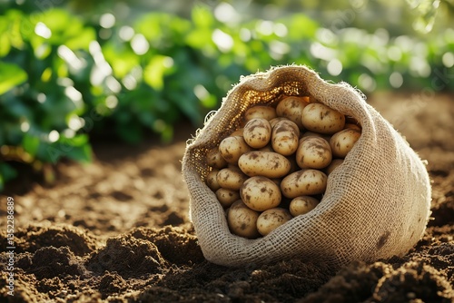 Freshly Harvested Potatoes in a Burlap Sack on a Farm