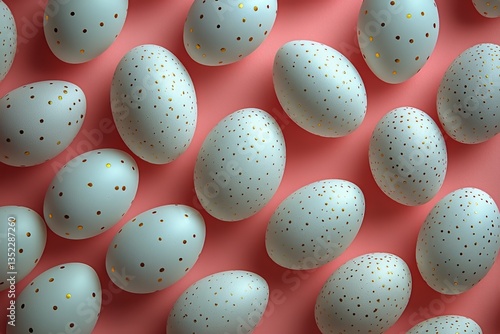 Decorative Eggs Arranged on a Pastel Pink Background for Spring Celebration a...